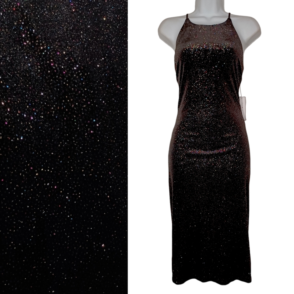 PREMIER AMOUR Colorful Metallic Glitter Ribbed Black Cocktail Sheath Dress NWT